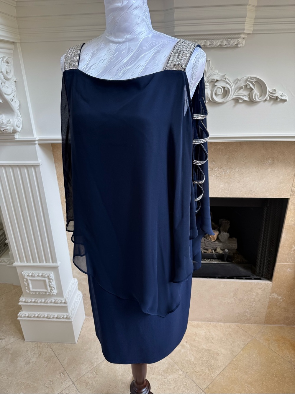 Sleeved Navy Midi Dress with Beaded Shoulder Straps